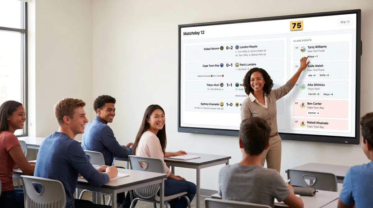 A teacher showing a Class League matchday on the classroom screen to an engaged class.