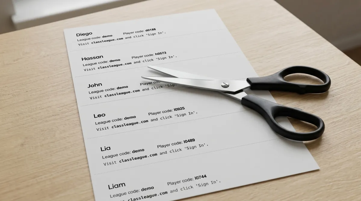 A printed Class League handout of student join codes, with scissors to cut it into slips.