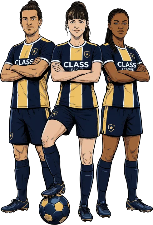 Three Class League players in team kit, standing with a football.